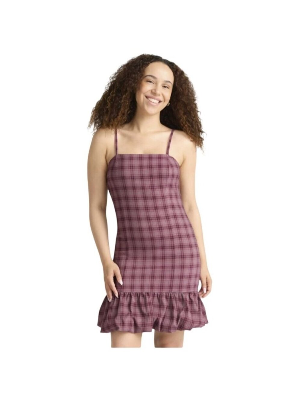 Madden NYC Size M Plaid Pink Spaghetti Strap Mini Dress With Bubble Hem & Adjust